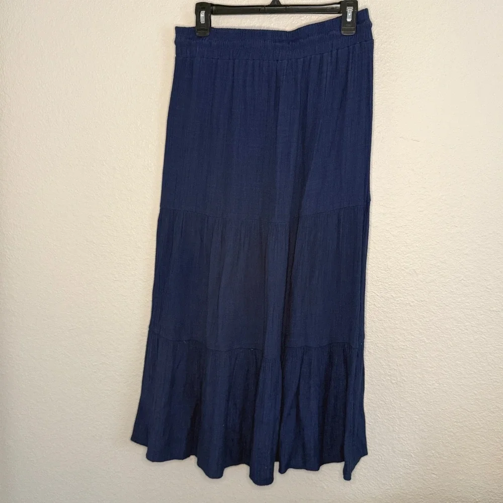 Cottage Coastal Boho Peasant Navy Tiered Maxi Skirt Gauze Tassel Size Medium